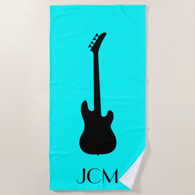 Monogram Black Electric Bass Guitar / Aqua Blue Beach Towel (Front)