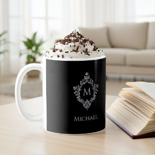 Monogram Black Elegant Vintage Crest Initial Name Coffee Mug