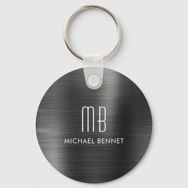 Monogram Black Faux Brushed Metal Keychain (Front)