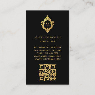 Monogram Black Faux Gold Crest Elegant QR on Back Business Card