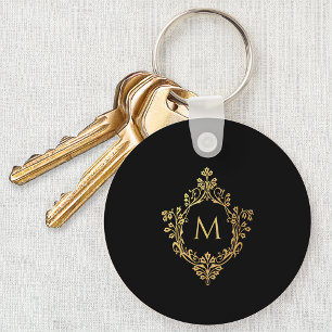 Monogram Black Faux Gold Elegant Vintage Crest Key Ring