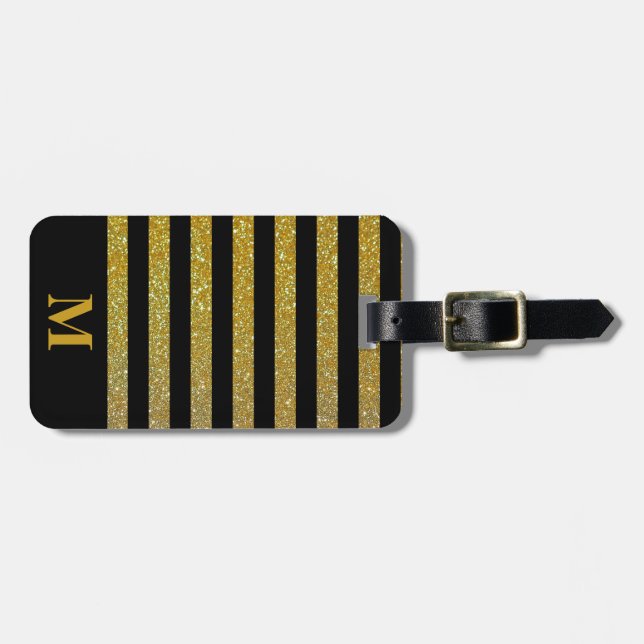 Monogram Black / Faux Gold Glitter Stripe Luggage Tag (Front Horizontal)