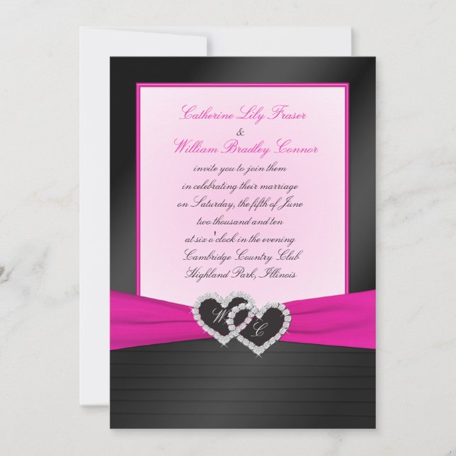 Monogram Black FAUX Satin Pleats with Pink Invite (Front)