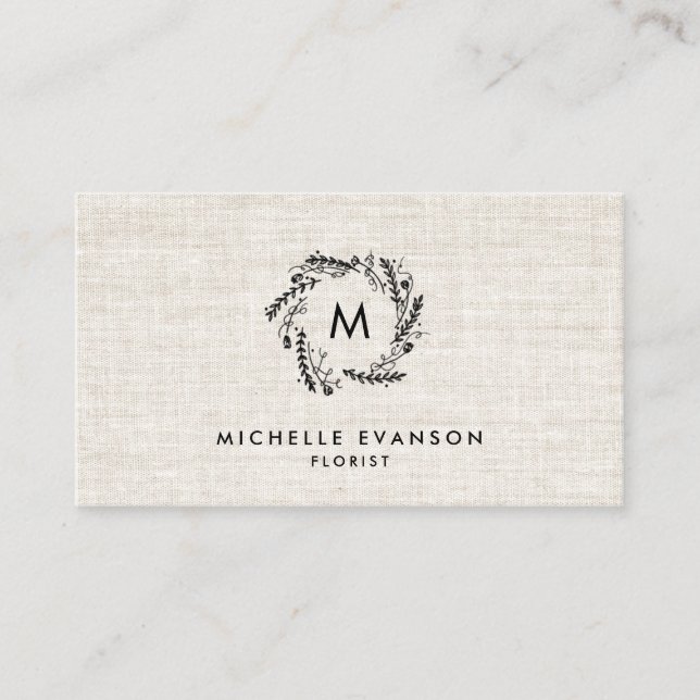 Monogram Black Floral Wreath Tan Linen Florist Business Card (Front)