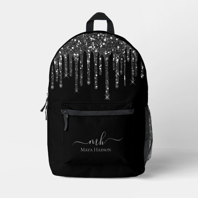 Monogram Black Glitter Drips  Printed Backpack (Front)