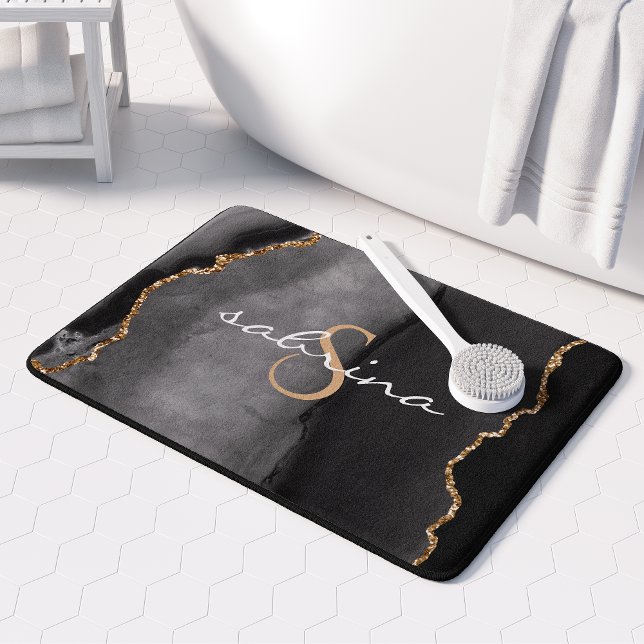 Monogram Black Gold Agate Geode Bath Mat (Creator Uploaded)