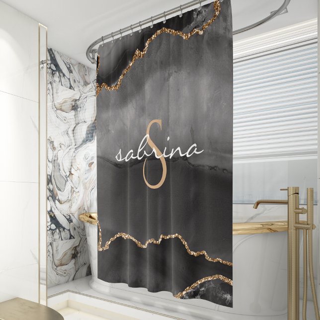Monogram Black Gold Agate Geode Shower Curtain (Creator Uploaded)