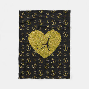 Monogram black gold anchors pattern fleece blanket