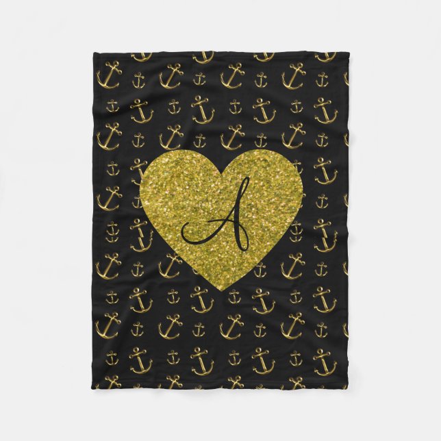 Monogram black gold anchors pattern fleece blanket (Front)