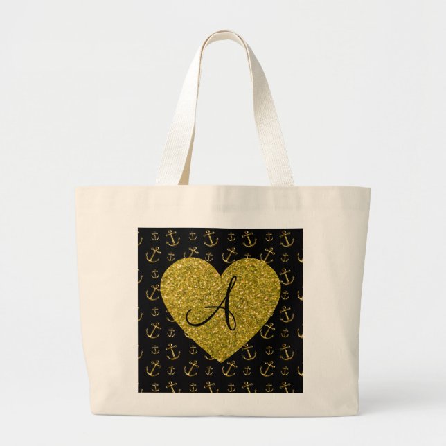 Monogram black gold anchors pattern large tote bag (Front)