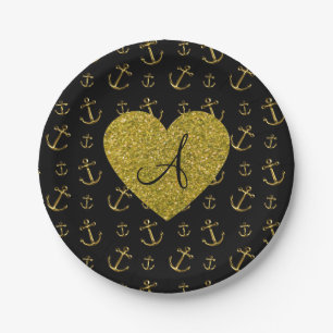 Monogram black gold anchors pattern paper plate