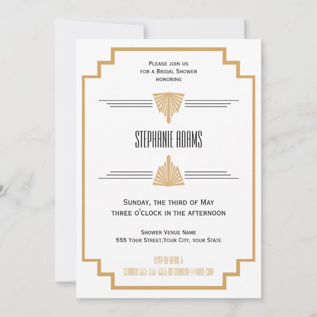 Monogram Black, Gold and White Art Deco Bridal Invitation (Front)