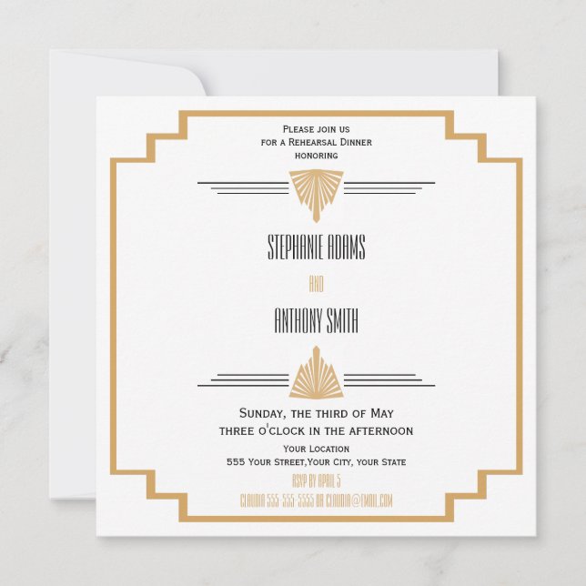 Monogram Black, Gold and White Art Deco Rehearsal Invitation (Front)