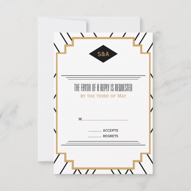 Monogram Black, Gold and White Art Deco RSVP Card (Front)