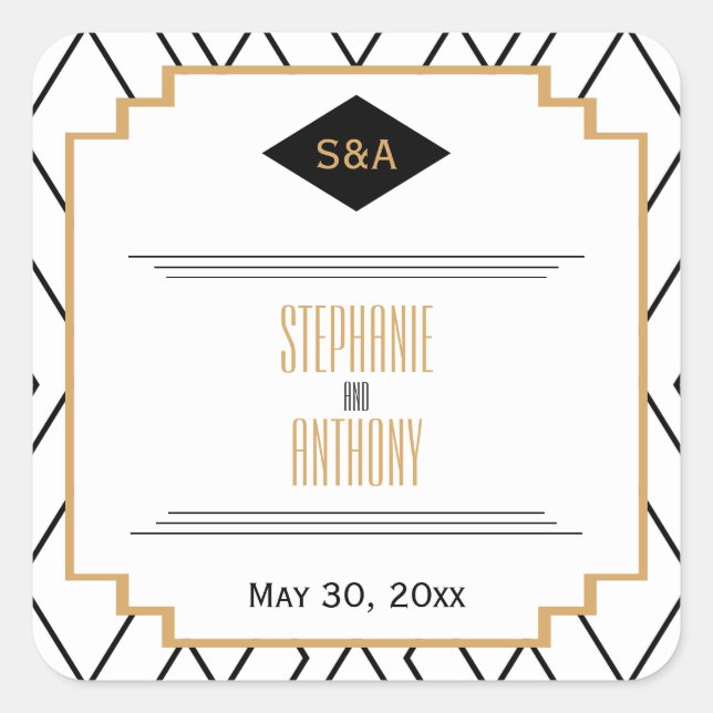 Monogram Black, Gold and White Art Deco Thank You Square Sticker (Front)