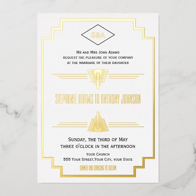 Monogram Black, Gold, and White Art Deco Wedding (Front)