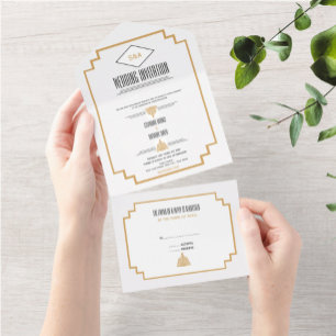 Monogram Black, Gold and White Art Deco Wedding Al All In One Invitation