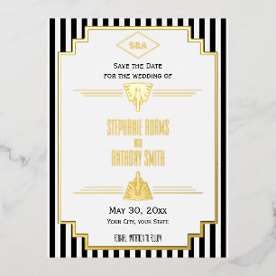 Monogram Black, Gold and White Art Deco Wedding Foil Invitation Postcard