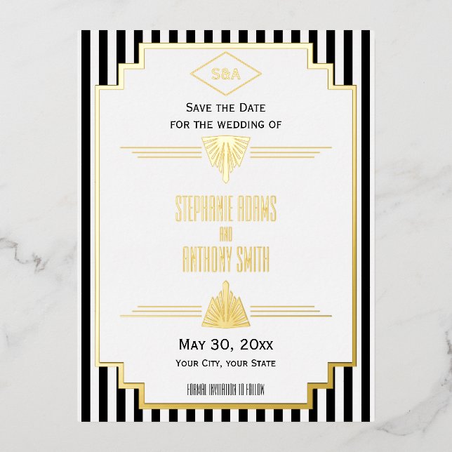 Monogram Black, Gold and White Art Deco Wedding Foil Invitation Postcard (Front)