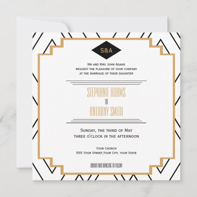 Monogram Black, Gold and White Art Deco Wedding Invitation (Front)