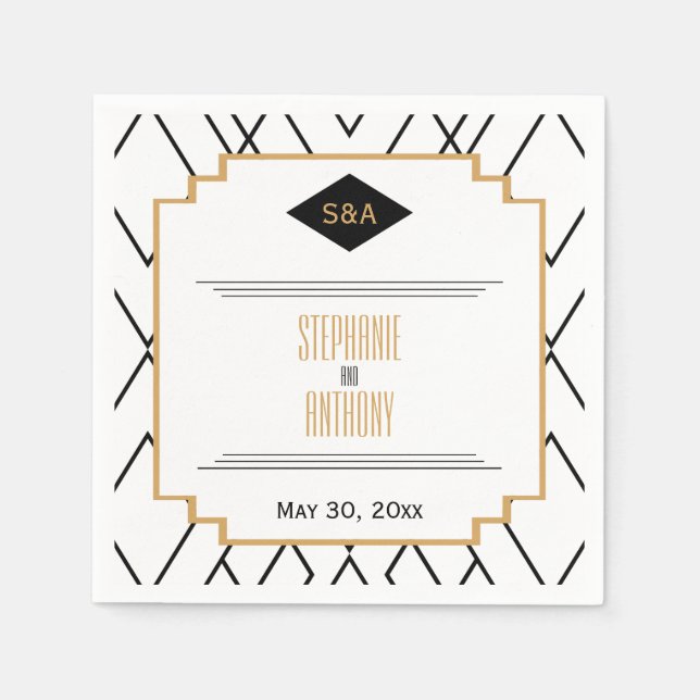 Monogram Black, Gold and White Art Deco Wedding Napkin (Front)