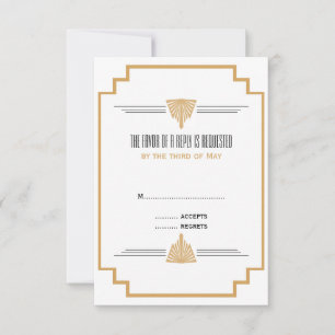 Monogram Black, Gold and White Art Deco Wedding RSVP Card