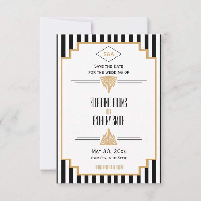 Monogram Black, Gold and White Art Deco Wedding Save The Date (Front)