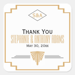 Monogram Black, Gold and White Art Deco Wedding Square Sticker