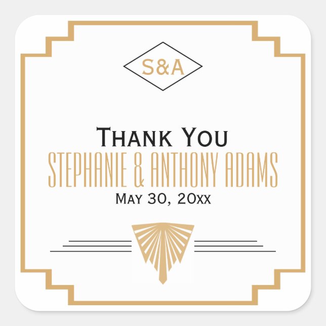 Monogram Black, Gold and White Art Deco Wedding Square Sticker (Front)