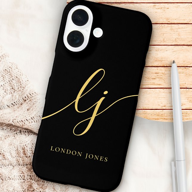 Monogram Black Gold Calligraphy Script Initials iPhone 16 Case (Creator Uploaded)