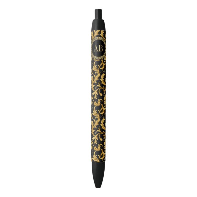 Monogram Black Gold Classy Elegant Pattern Black Ink Pen (Front Vertical)