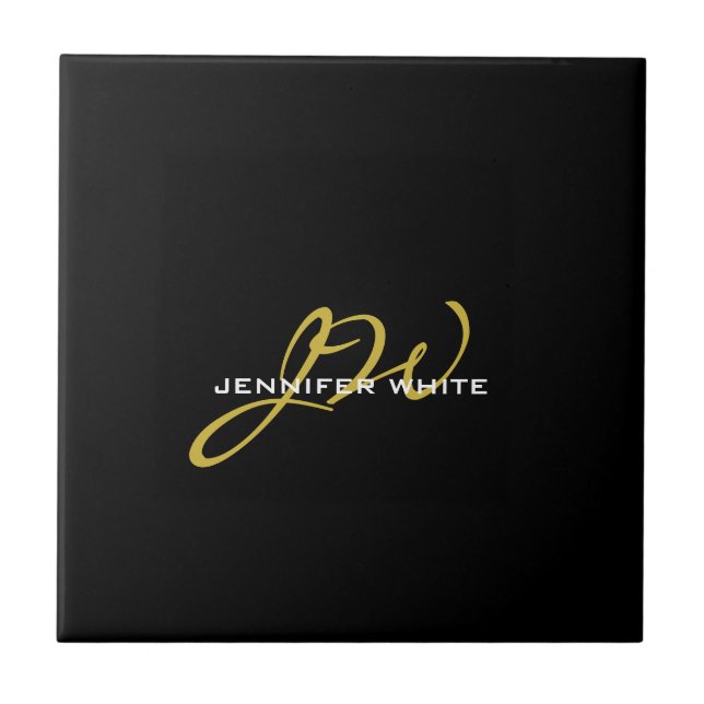 Monogram Black Gold Colour Plain Modern Own Name Ceramic Tile (Front)