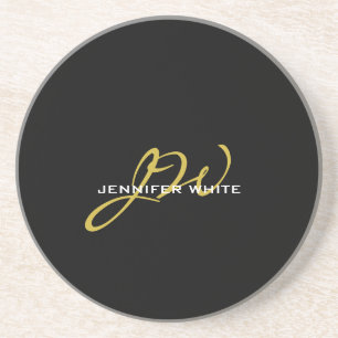 Monogram Black Gold Colour Plain Modern Own Name Coaster