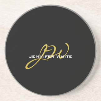 Monogram Black Gold Colour Plain Modern Own Name Coaster