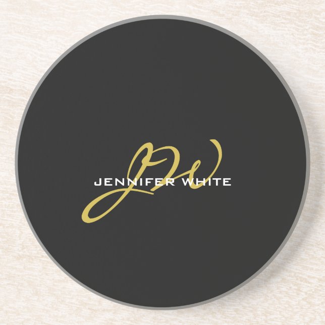 Monogram Black Gold Colour Plain Modern Own Name Coaster (Front)