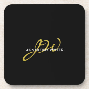 Monogram Black Gold Colour Plain Modern Own Name Coaster