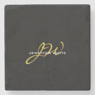 Monogram Black Gold Colour Plain Modern Own Name Stone Coaster