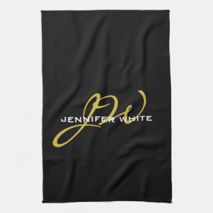 Monogram Black Gold Colour Plain Modern Own Name Tea Towel