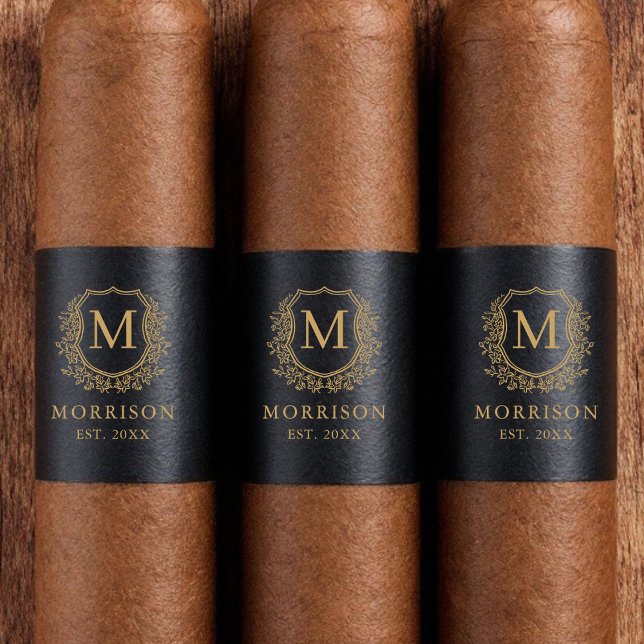Monogram Black Gold Crest Wedding Cigar Band Return Address Label (Creator Uploaded)