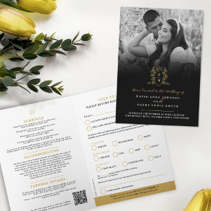 Monogram black gold crown wedding meal option RSVP Invitation