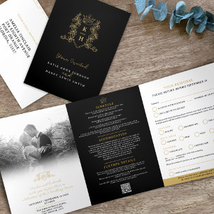 Monogram black gold crown wedding meal option RSVP Tri-Fold Invitation