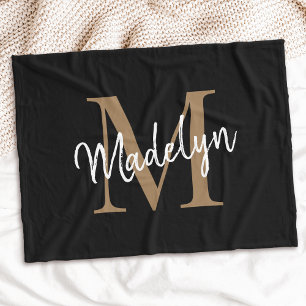 Monogram Black Gold Elegant Feminine Chic Script Fleece Blanket