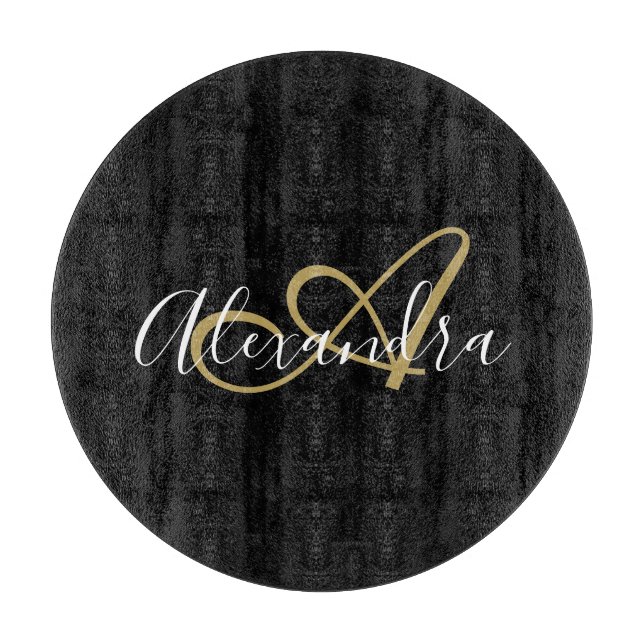 Monogram Black Gold Elegant Script Name Chef Cutting Board (Front)