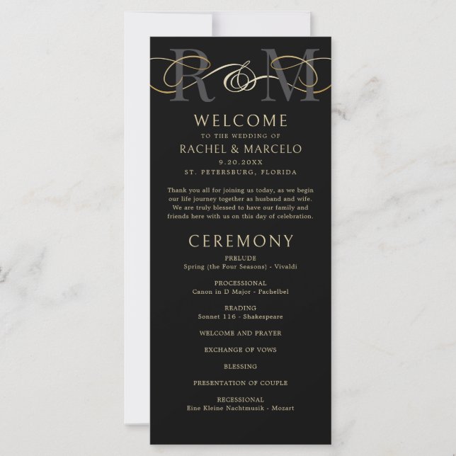 Monogram Black Gold Elegant Wedding Program (Front)