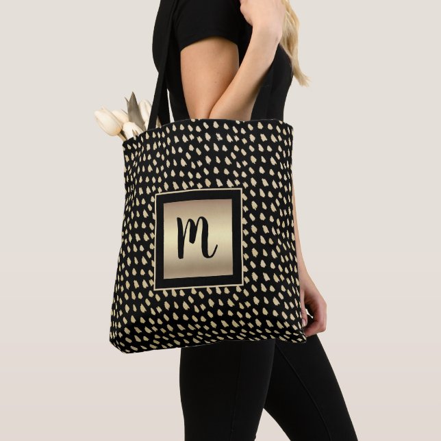 Monogram black gold foil script modern bold luxe tote bag (Close Up)