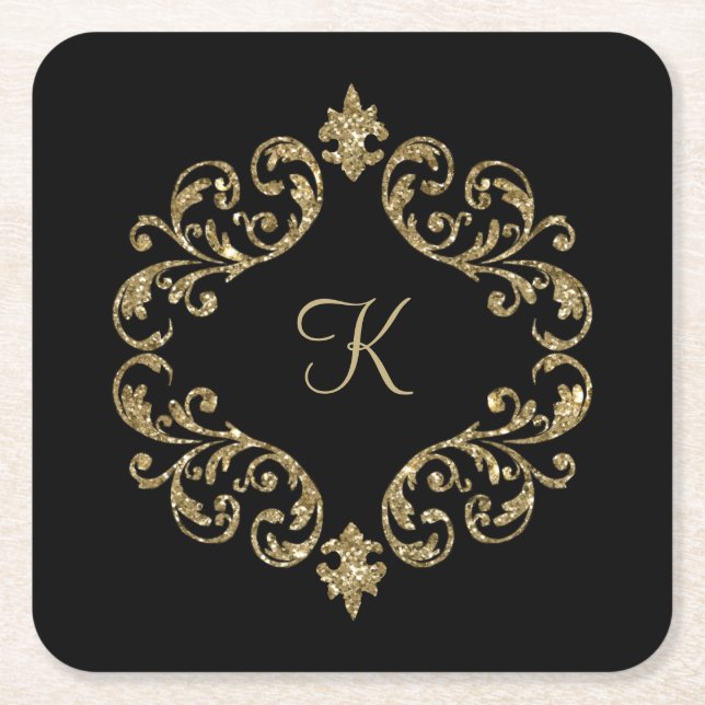 Monogram Black Gold Glitter Damask Flourish Swirl Square Paper Coaster (Front)
