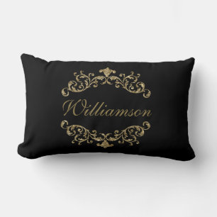 Monogram Black Gold Glitter Flourish Damask Ornate Lumbar Cushion