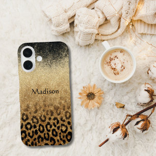 Monogram Black Gold Glitter Leopard Print iPhone 16 Case