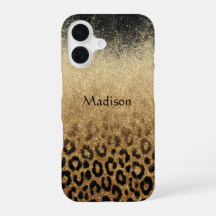 Monogram Black Gold Glitter Leopard Print iPhone 16 Case