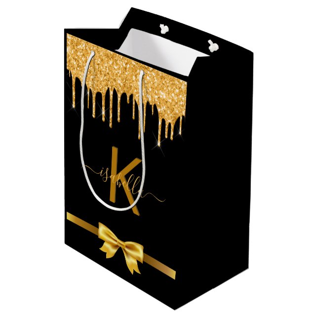 Monogram black gold glitter thank you favour medium gift bag (Back Angled)